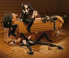 two women in black catsuits are sitting on a bench and one woman is laying down