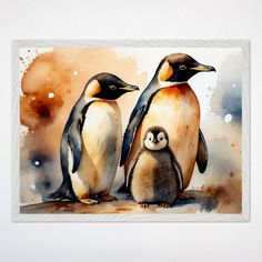 three penguins standing next to each other on top of a white wall with watercolor paint