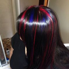 Different Colored Highlights, Colourful Streaks Hair, Blue And Red Highlights In Black Hair, Red And Blue Highlights In Brown Hair, Blue And Pink Highlights In Black Hair, Multi Dyed Hair, Red And Blue Streaks In Hair, Y2k Hair Color Curly, Tik Tok Pfps Y2k