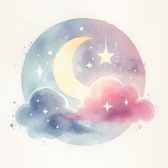 a watercolor painting of the moon and clouds with stars in the sky above it