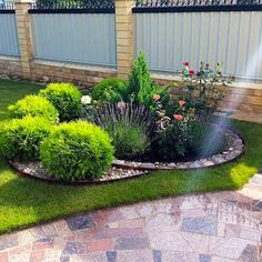 a garden with grass and flowers in the middle