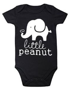 a black baby bodysuit with an elephant saying little peanut on the front and bottom