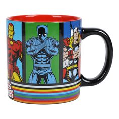 a black and red coffee mug with an image of iron man, captain america, thor hulk