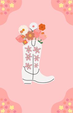 a pair of white boots with flowers in them on a pink and yellow floral background