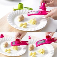 a collage of photos showing how to cut up food on a plate with a grater