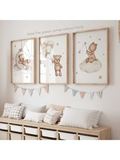 3pcs Teddy Bear & Moon Balloon Canvas Wall Art Set - Vibrant Frameless Nursery Decor For Youngsters' Room, Bedroom, Living Space With Modern Boho Style And Whimsical Design,Poster Multicolor Cartoon   Canvas Animal Unframed Painting,Framed Picture   Home Decor, size features are:Bust: ,Length: ,Sleeve Length: Bear Nursery Theme, Baby Bear Nursery, Animal Wall Art Prints, Safari Animal Wall Art, Baby Boys Nursery, Cow Nursery, Air Balloon Nursery, Teddy Bear Nursery, Balloon Nursery