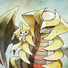 a drawing of a yellow and black dragon with its tail curled up in the air