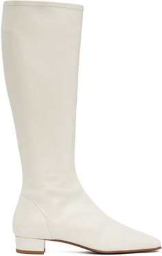 Knee-high grained leather boots in off-white. · Square toe · Zip closure at inner side · Covered block heel with rubber injection · Leather sole · Heel: H1 Supplier color: Off-white White Leather Knee-high Boots With Round Toe, White Knee-high Boots With Reinforced Heel, White Boots With Sculpted Heel And Square Toe, White Square Toe Boots With Sculpted Heel, Modern Beige Calf Leather Boots, White Calf Leather Boots With Round Toe, White Leather Knee-high Boots Medium Width, Cream Calf Leather Boots With Reinforced Heel, Modern White Heeled Boots With Sculpted Heel