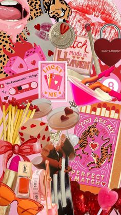 a collage of various items including lipstick, makeup and other things to make up the image