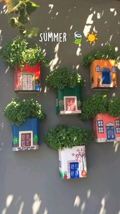 there are many potted plants in the shape of houses on the side of a building