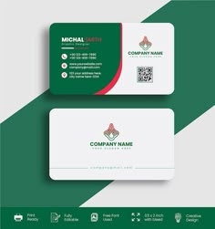 two business cards with green and red accents