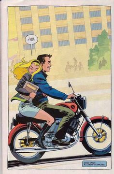 a man riding on the back of a motorcycle with a blonde haired woman sitting on it