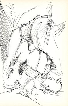 a black and white drawing of a man playing an acoustic guitar with his head down