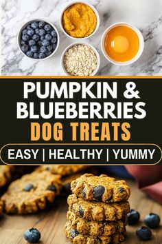 pumpkin and blueberries dog treats are stacked on top of each other with the title