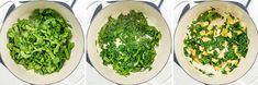 four images show spinach being cooked in large white pans, and then cooking