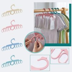 the clothes hangers are pink, blue, and white with clips attached to them