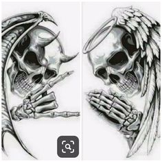 Sick Skull Tattoos, Skull With Wings Tattoo Design, Angel Skull Tattoo, Demon Skull Tattoo Design, Evil Angel Tattoo, Skull Neck Tattoo, Evil Tattoo Designs, Cool Skull Tattoos, Good Vs Evil Tattoo