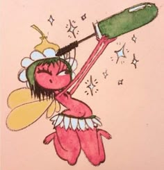 a drawing of a pink fairy holding a green bottle with stars on it's side