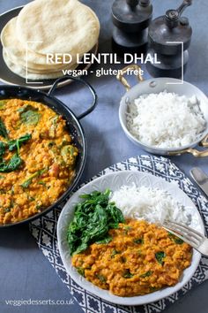 red lentil dhal with white rice and spinach in a skillet on the side