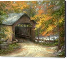 a painting of a covered bridge in the woods