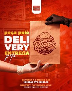 a person holding a paper bag that says peca pelo deli very entrega