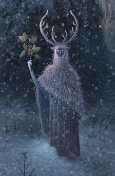 a painting of a deer holding a plant in it's hand while standing in the snow