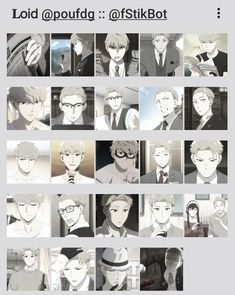 an anime character collage with many different faces and hair styles, all in black and white