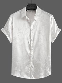 White Casual Collar Short Sleeve Polyester Floral Shirt Embellished Non-Stretch Summer Men Tops Satin Shirt Men, White Satin Shirt, Mens White Dress Shirt, White Silk Top, Festival Outfits Men, Jacquard Shirt, White Shirt Men, Men Shirts, Floral Jacquard