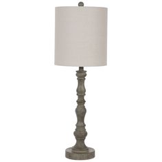 a gray lamp with a white shade on the base and a light bulb in front of it