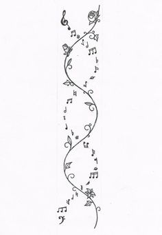 a line drawing with musical notes and flowers on the bottom half of it, in black ink