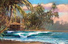 an oil painting of palm trees and the ocean with waves crashing in front of it