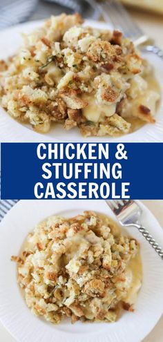 Chicken and Stuffing Casserole - quick and easy weeknight dinner recipe! Creamy chicken mixture baked with stuffing on top. It's total comfort food. Chicken Rice And Stuffing Casserole, 13x9 Dinner Recipes, Baked Chicken And Stuffing Recipes, Oven Chicken And Stuffing Casserole, Chicken And Stuffing Recipes, Creamy Chicken Bake, Baked Chicken Casserole, Chicken Stuffing Casserole, Chicken And Stuffing