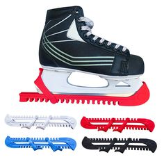 a pair of ice skates with different colored handles