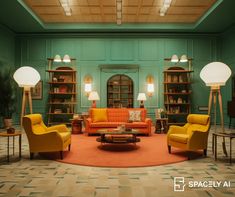 a living room filled with lots of furniture next to tall bookshelves and lamps