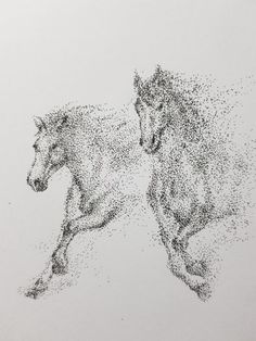 two horses running through the air with their heads turned to look like they are made out of small dots