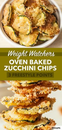 zucchini chips stacked on top of each other with text overlay