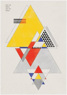 an abstract painting with different colors and shapes on it's paper background, including triangles