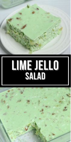 lime jello salad on a white plate with text overlay that reads lime jello salad