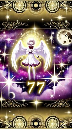 an anime character with angel wings and stars in the background