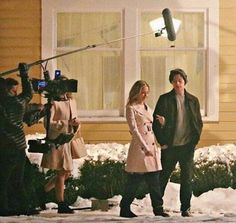 the actors are filming outside in the snow