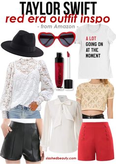 a woman wearing red shorts, white shirt and black hat with text that reads taylor swift from amazon