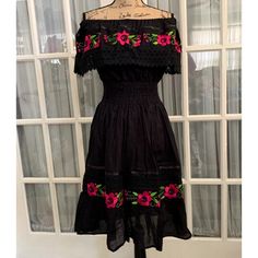 Black Cotton Dress With Pink Embroidered Flowers, On Or Off The Shoulder They’re One Size But Will Fit A Women’s Small Through Large. This In Particular Is One Of A Kind Since All Dresses Are Done With Multicolored Embroidery Florals. Price Is Firm // Per Dress Bundle Discount 24” Across Chest (It’s Meant To Be Slightly Big For Comfort) 37” In Length Mexican Dresses For Women Traditional, Black Floral Embroidered Summer Dress, Embroidered Black Summer Dress, Black Embroidered Beach Dress For Spring, Black Embroidered Knee-length Summer Dress, Spring Beach Embroidered Black Dress, Spring Beach Black Embroidered Dress, Black Knee-length Embroidered Summer Dress, Black Embroidered Dress For Beach