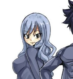 an anime character with long blue hair and black eyes, standing next to another character