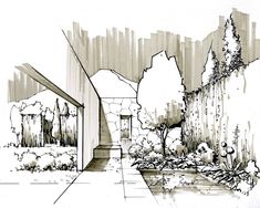 an ink drawing of a house with trees in the background