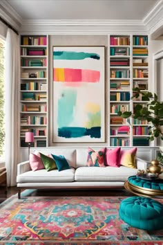 a living room filled with lots of furniture and bookshelves covered in colorful art