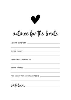 the advice for the bride card is black and white, with a heart on it