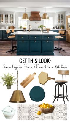 an open kitchen and dining room with blue cabinets, white walls and wood floors is featured in the article get this look