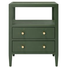 a green nightstand with two drawers and gold knobs on the bottom, against a white background