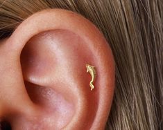 a close up of a person's ear with a small gold piece in the middle