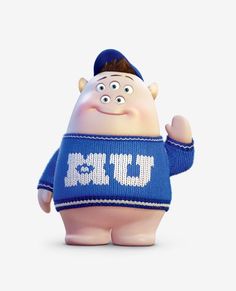 a cartoon character wearing a blue sweater and hat